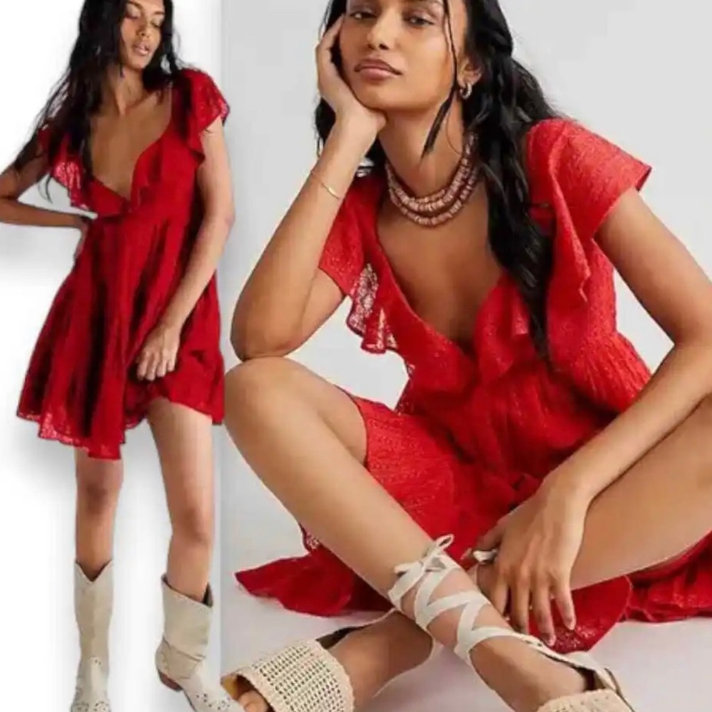 *NWOT* Free People Undone Lace Mini Dress Guava Berry Size S